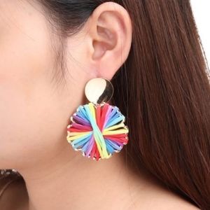 NWT Celine gold-tone brass and multi-color raffia drop earrings